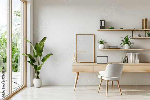 A modern home office with a minimalist desk  chair and floating shelves made of light wood against white walls  a large window showing greenery outside with clean lines and natural lighting.