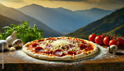 Freshly made thin crust pizza surrounded by various toppings. Cinematic lighting and mountain backdrop for a luxurious commercial.