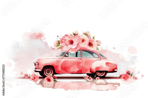 Watercolor illustration of car with flowers on roof, white background. Greeting card template. Mother's Day, Birthday, March 8