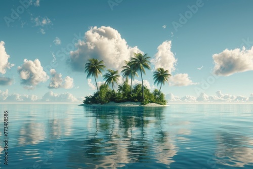 A serene view of palm trees on a small island in the ocean. Ideal for travel brochures