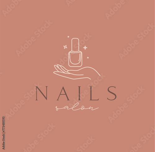 Obraz na płótnie Hand with nail polish and lettering nails salon drawing in linear style on coral background w salonie