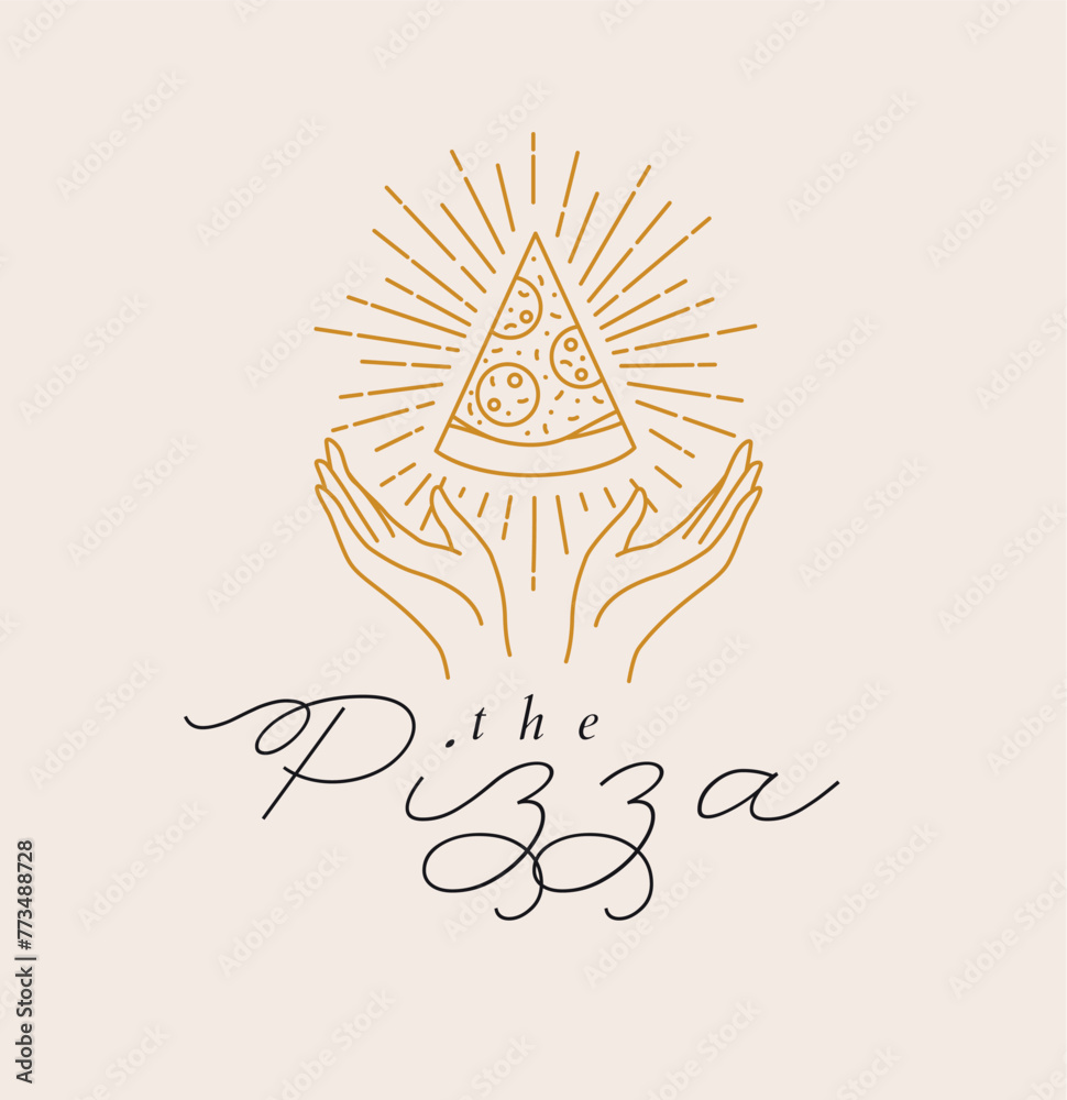 Hand holdings shining pizza with lettering drawing in linear style on beige background