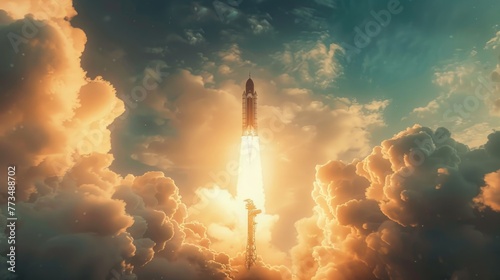 A space shuttle launching into the sky. Suitable for science and technology concepts photo
