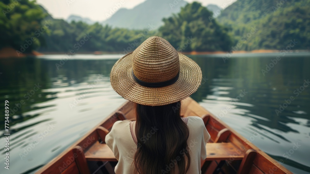 A woman wearing a straw hat sitting peacefully in a boat. Suitable for travel and leisure concepts A woman wearing a straw hat sitting peacefully in a boat. Suitable for travel and leisure concepts