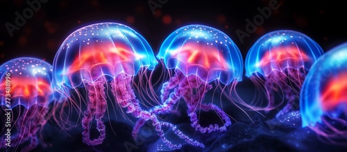 Group of iridescent deep water Jellyfish displaying stinging tentacles with dark background.