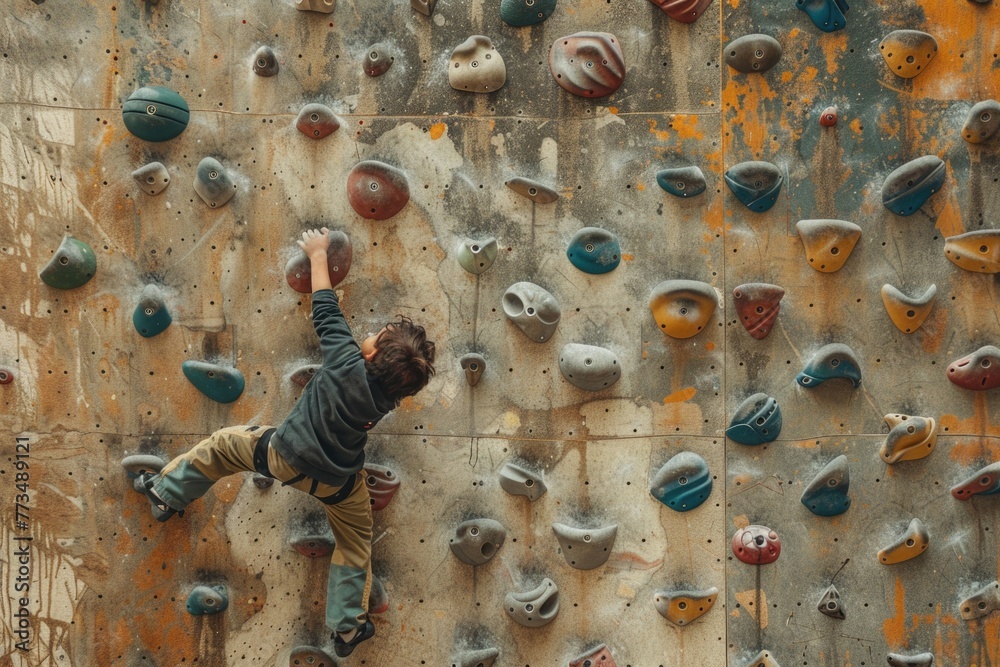 A young boy climbing on a rock wall. Suitable for sports and adventure themes - obrazy, fototapety, plakaty 