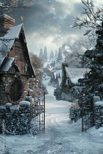 A picturesque winter scene with a charming house and gate. Perfect for seasonal designs and holiday themes