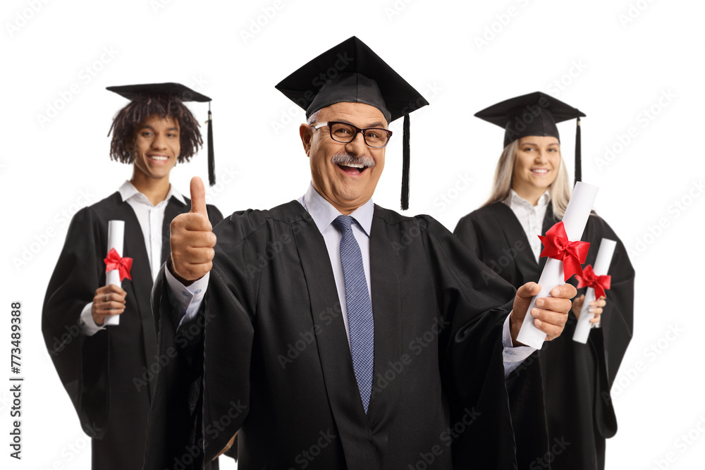 Graduation students and a mature man holding certificates and gesturing thumbs up Graduation students and a mature man holding certificates and gesturing thumbs up