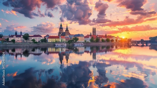 Magdeburg, Germany. Wide view of Magdeburg with the city reflecting in the Elbe river at sunset.