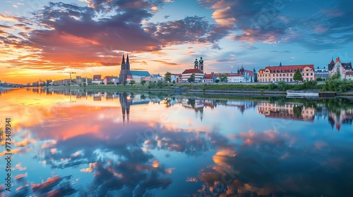 Magdeburg, Germany. Wide view of Magdeburg with the city reflecting in the Elbe river at sunset. © Marry