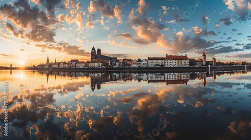 Wallpaper Mural Magdeburg, Germany. Wide view of Magdeburg with the city reflecting in the Elbe river at sunset. Torontodigital.ca