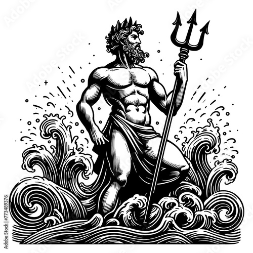 Mythical Poseidon Engraving Ocean Waves PNG