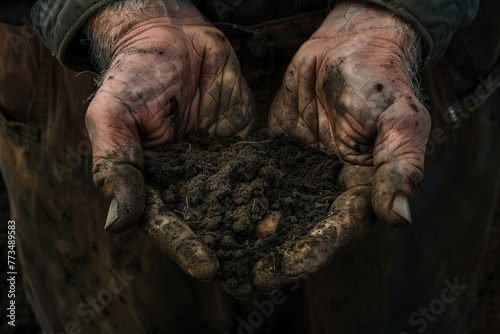 A man holding a handful of dirt. Suitable for environmental concepts