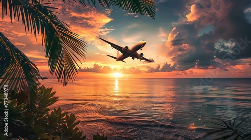 Plane flying over warm sea at sunset.