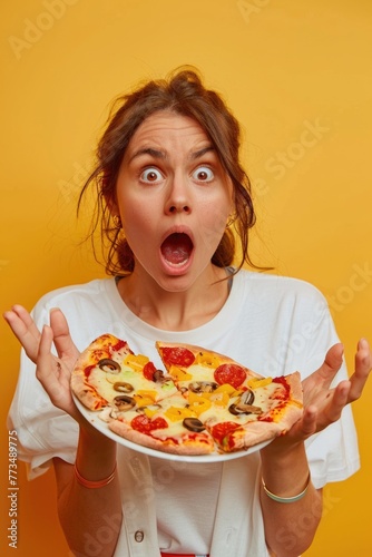 Woman holding plate with pizza, perfect for food and cooking themes