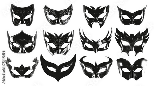 A collection of black and white masks on a white background. Ideal for theater productions or masquerade parties