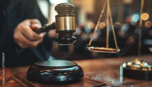 Judge prepares to deliver verdict with gavel atop sounding block