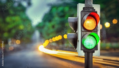 Illuminated traffic light with all colors on against a backdrop of dynamic car light streaks capturing a moment of decision-making confusion