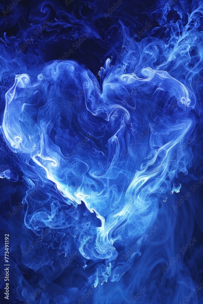 Fototapeta premium Blue heart shaped smoke on a black background, ideal for concepts of love and romance