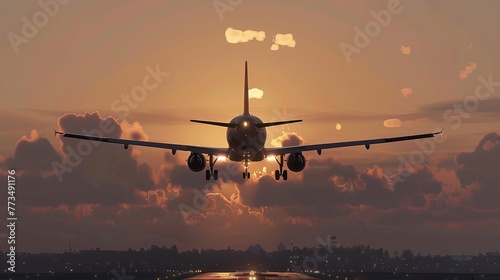 A passenger airplane concludes its flight journey during the evening, against the backdrop of a sunset. 