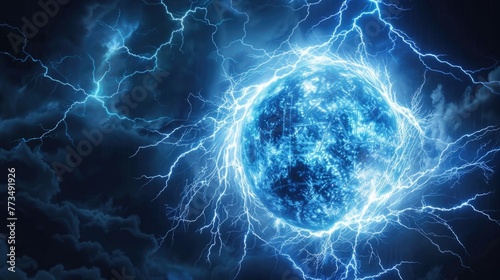 A striking image of a blue ball of lightning in a dark and dramatic sky. Perfect for science or weather-related projects