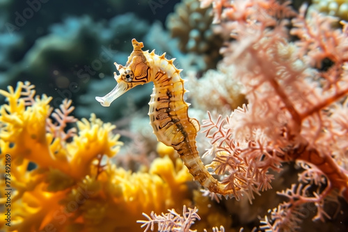SEAHORSE ON COLOURFUL CORAL REEF.