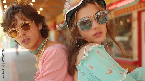 Young stylish couple dressed in 1970s vintage style, fashion is back, nostalgia, vintage trend