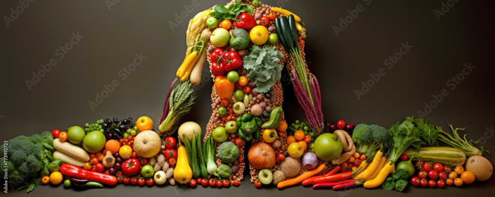 Fruits and vegetable in shape of human body. Health and diet concept