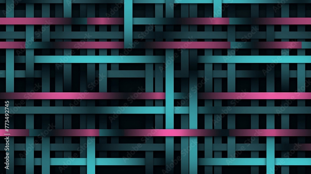 A dark grey background with pink, teal and white lines in an elegant pattern. Nested within the design is a geometric grid made up of horizontal and vertical straight lines.