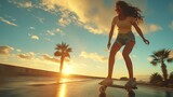 A silhouette young stylish woman in ahelmet rides a skateboard along the road in the light of the sun's rays near beach. Summer modern sports activities