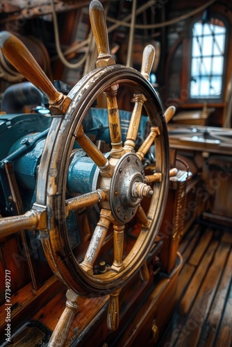 Boat steering wheel in a unique indoor setting. Perfect for nautical themed designs