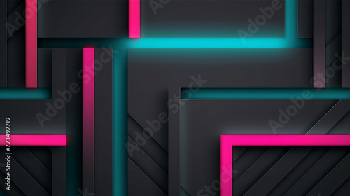 A dark grey background with pink, teal and white lines in an elegant pattern. Nested within the design is a geometric grid made up of horizontal and vertical straight lines.