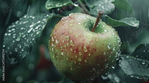 A vibrant apple with water droplets, perfect for food and health concepts