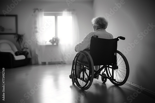 ELDERLY WOMAN IN WHEELCHAIR IN FRONT OF WINDOW WITH WHITE AND LIGHTED CURTAINS.