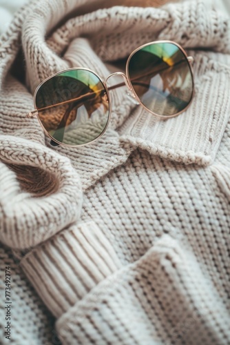 A pair of sunglasses resting on a cozy sweater. Ideal for fashion or fall-themed designs