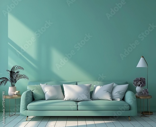 modern interior design of a living room with a sofa and side tables, with a turquoise wall background, 3d rendering mock up in the style of an interior designer
