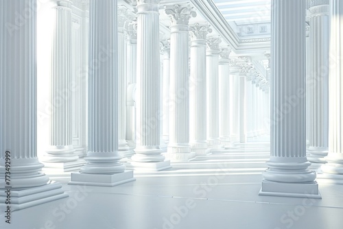 A row of white columns in a spacious room. Suitable for architectural design projects