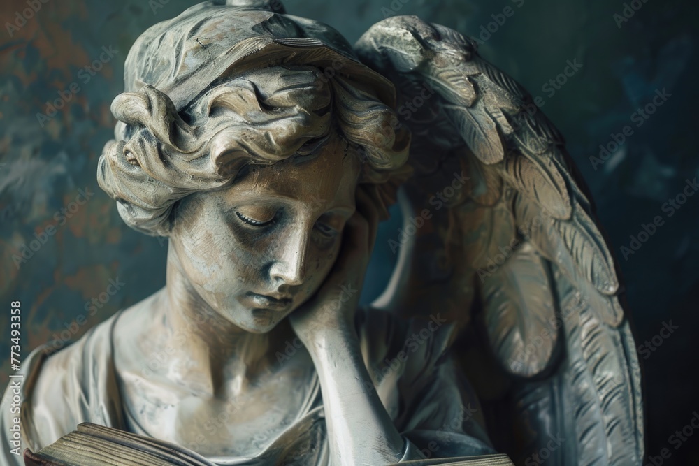 Angel statue reading a book, suitable for educational projects