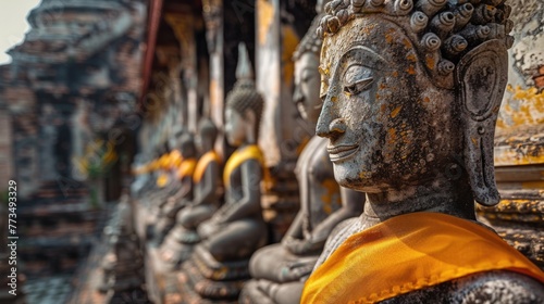 Row of Buddha statues in front of a building, suitable for religious and spiritual concepts