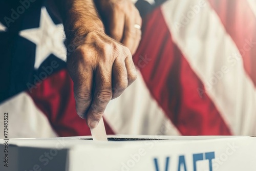 Shallow depth of field (selective focus) image with the hand of a person voting in the US presidential elections photo