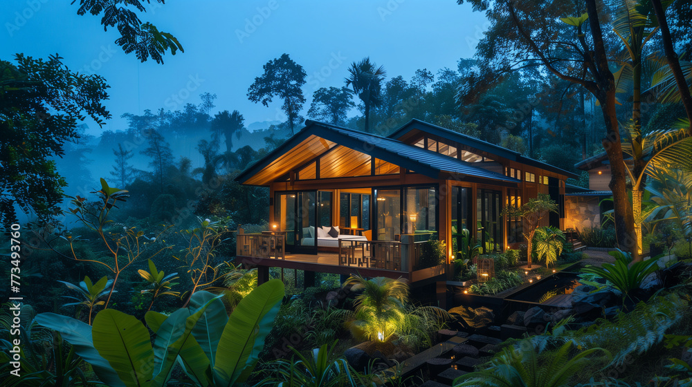 Wooden cabin in the woods,lush green bali landscape,. Wooden cabin in the woods,lush green bali landscape,.