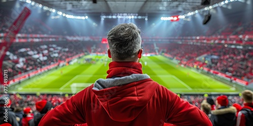 A football coach silhouettes during a match on a football field from the stadium with his back to the camera. Concept: a fan watching the game, a moment of anticipation.