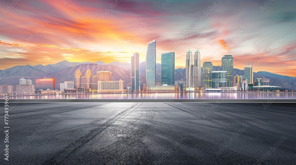 Sunset view of modern city skyline and mountain scenery from an empty asphalt road
