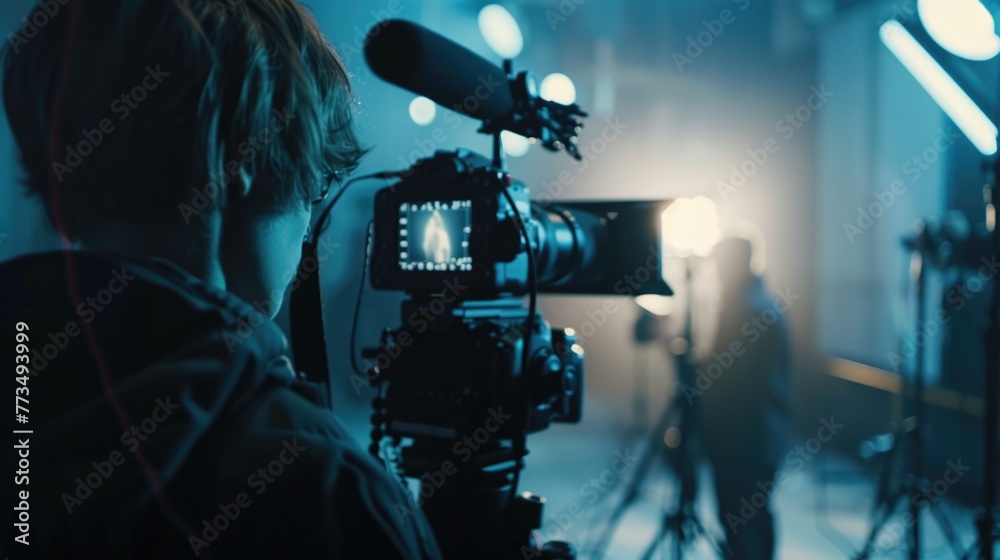 A man filming in a dark room, suitable for media production