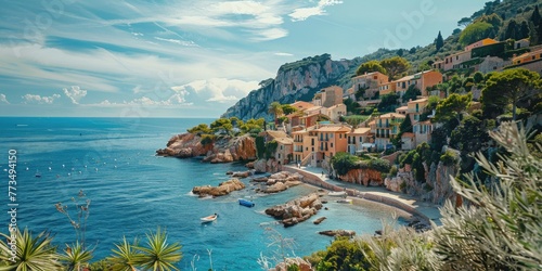 A picturesque small town perched on a cliff above the ocean. Perfect for travel brochures photo