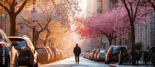 A man strolls amidst blooming city trees, showcasing spring's transformation of urban life. 🌸🏙️ #SpringCityVibes photo