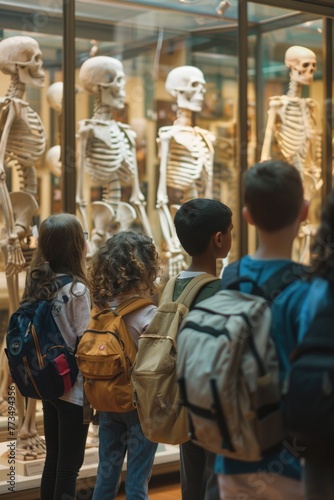A group of people standing by a display of skeletons. Suitable for Halloween events or educational materials