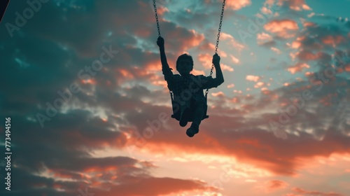 A young boy enjoying a swing at sunset. Perfect for lifestyle or childhood themes