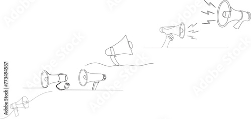 One continuous line drawing of public horn speaker. Megaphone symbol of marketing promotion in simple linear style. Business concept for attention, hiring and job offer. Doodle vector illustration