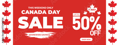 Canada Day Sale Web Banner. Happy Canada Independence Day Mega Big Sale Banner Background Illustration. Canada Day Weekend Promotion Discount Banner. First of July Holiday Special Offer Template